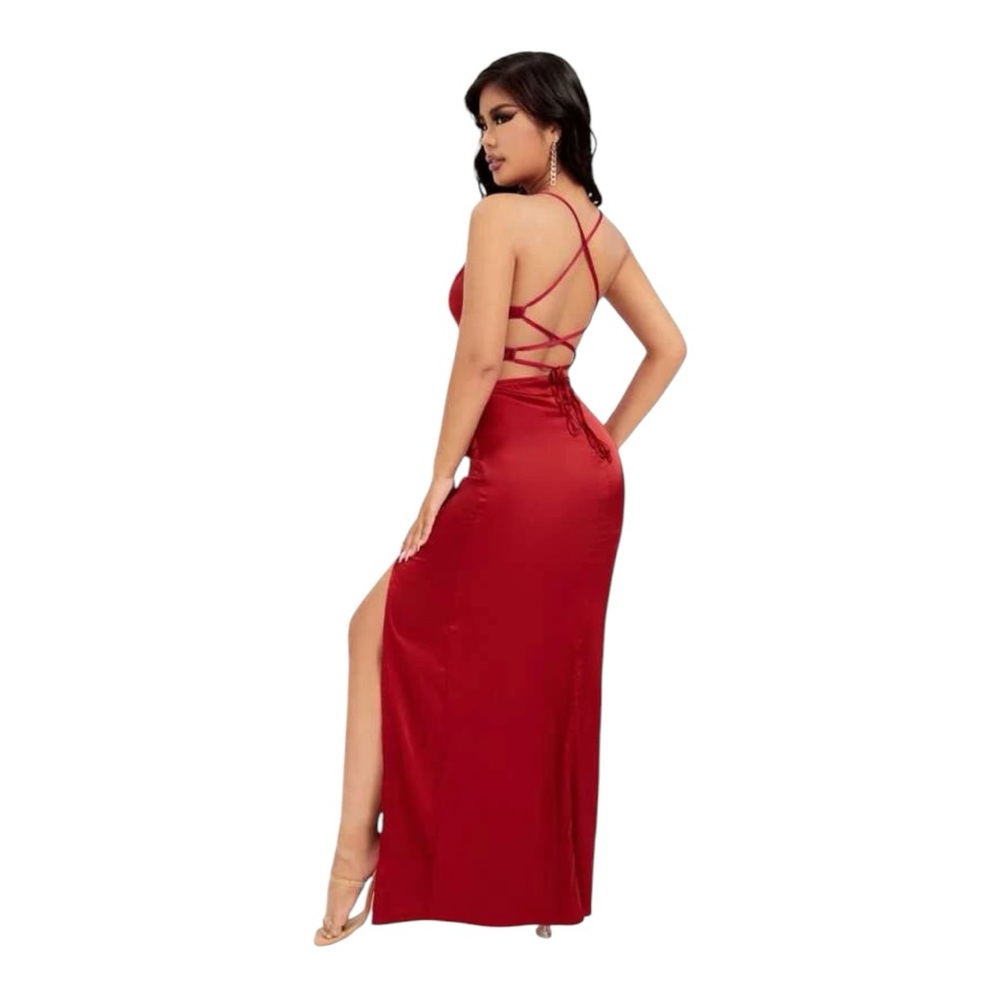 Sexy Satin Spaghetti Strap V Neck-Backless-Side-Split-Ruffle-Hem-❤️Day